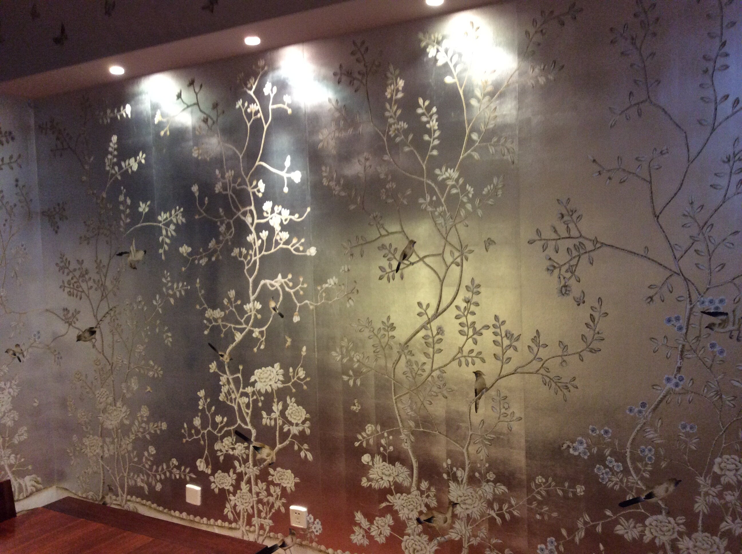 G-009 Cherry Blossom Garden Chinoiserie Handpainted Wallpaper on Silver Metallic Leaf