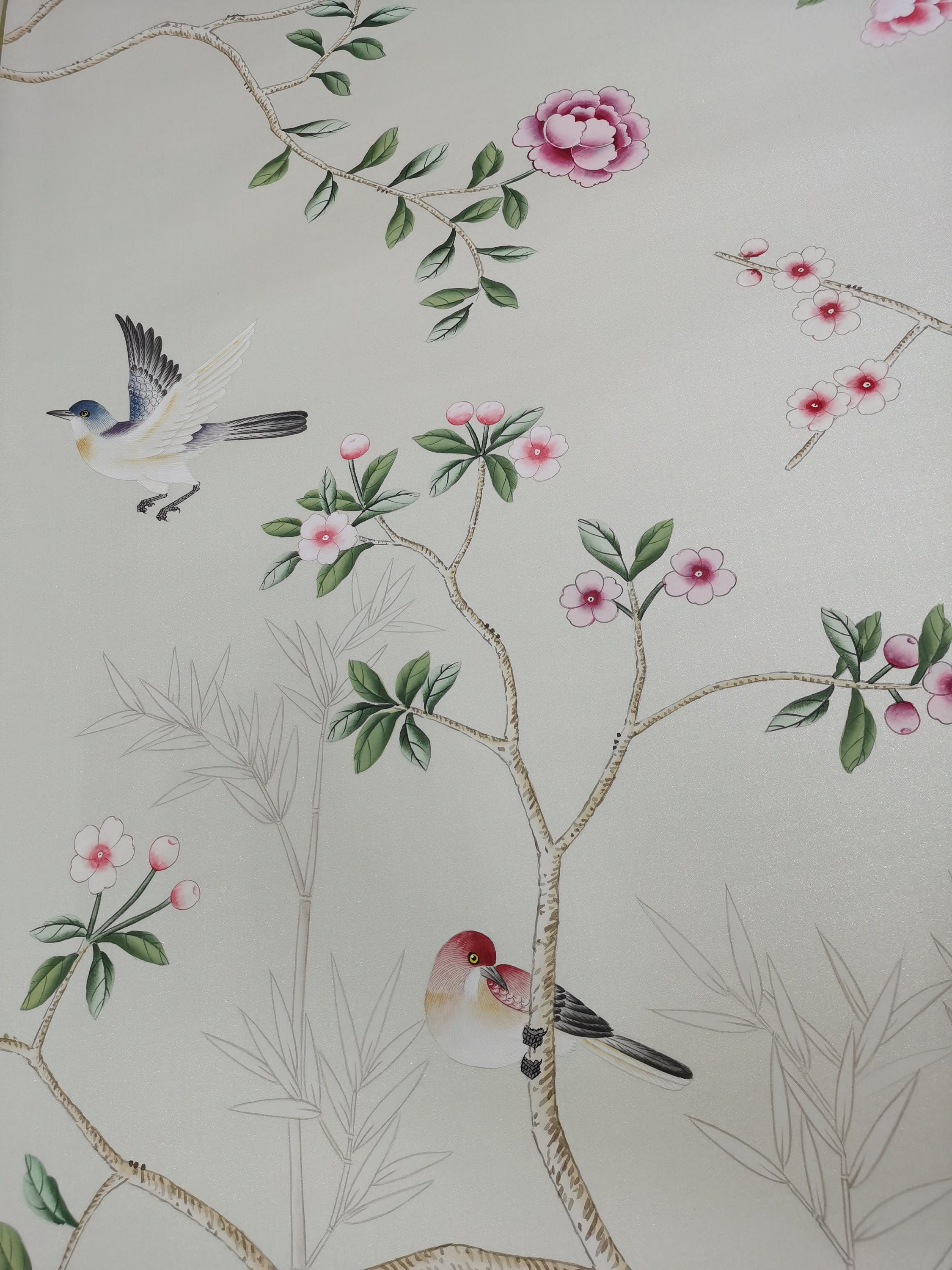 G-003 Birds Awakending Garden on White Silk with Mica Effect