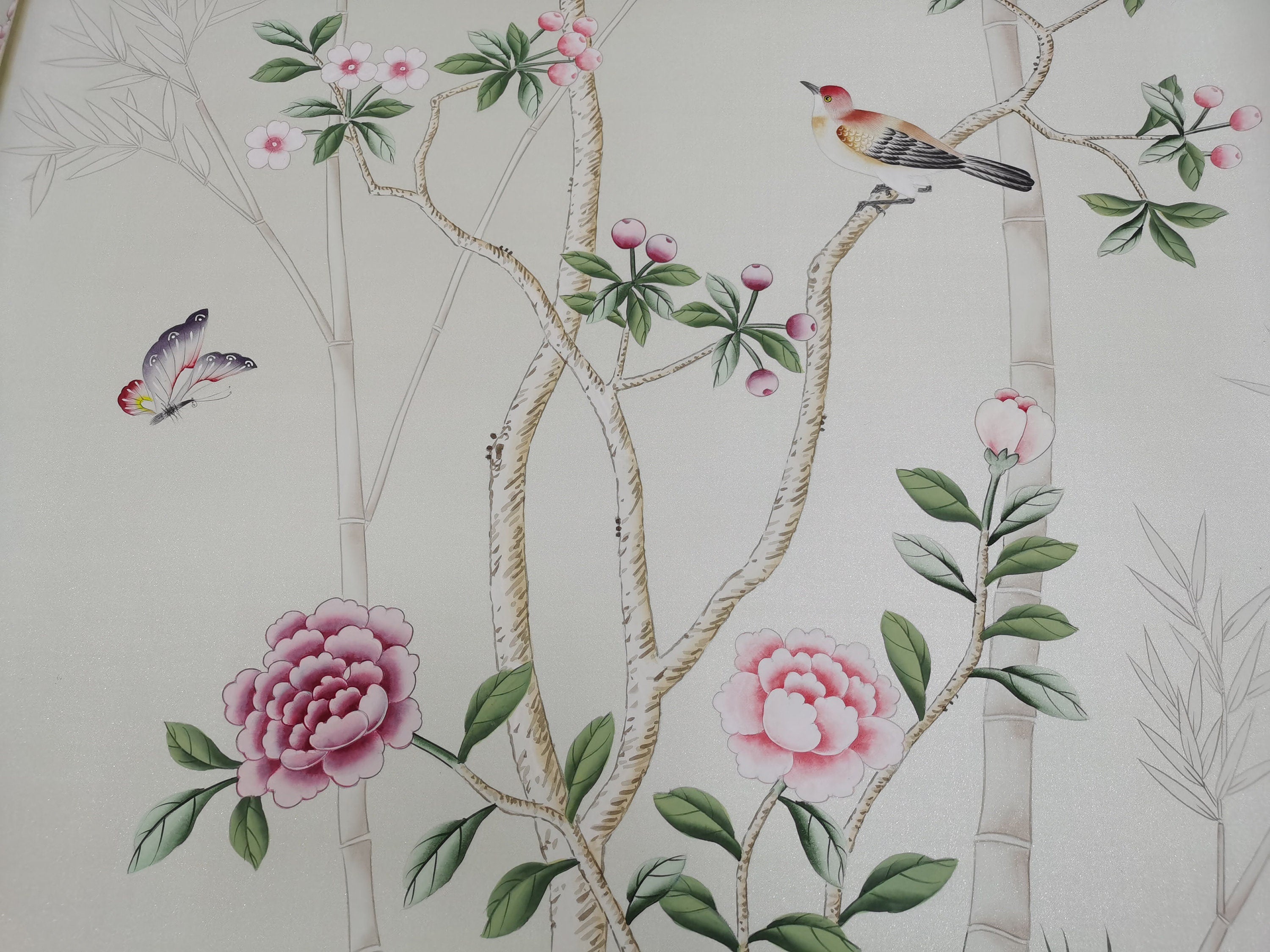 G-003 Birds Awakending Garden on White Silk with Mica Effect