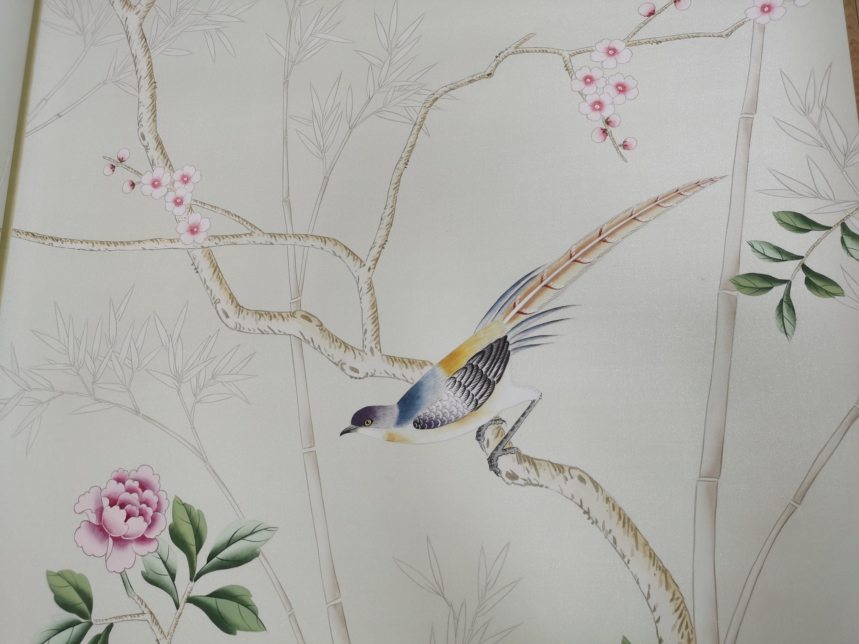 G-003 Birds Awakending Garden on White Silk with Mica Effect