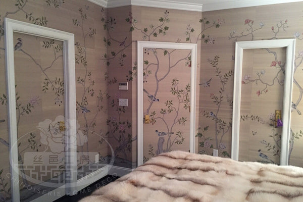 Custom-made Chinoiserie hand-painted wallpaper with intricate floral and bird motifs, tailored to fit any wall size and color scheme.