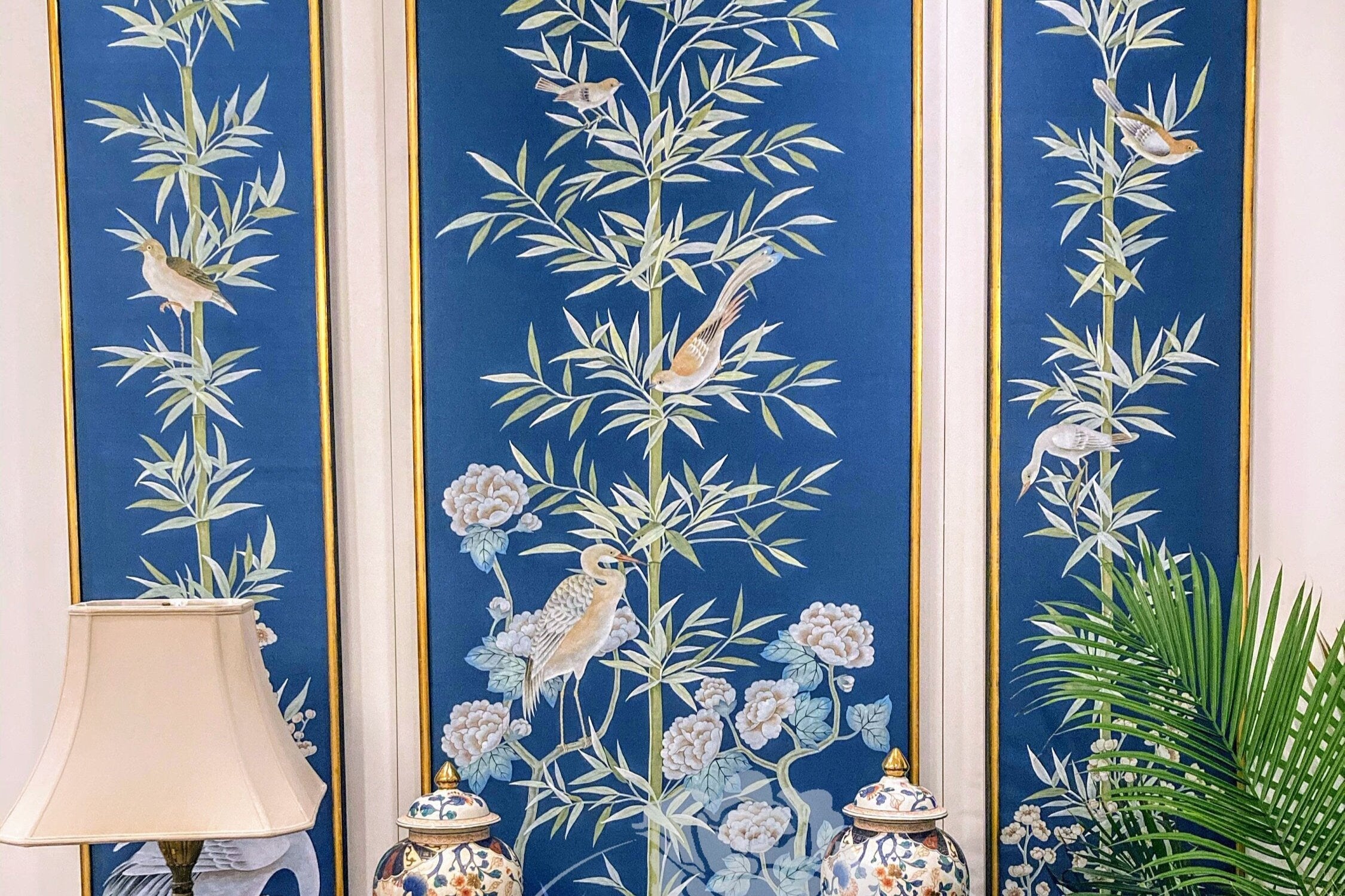 Custom-made Chinoiserie hand-painted wallpaper with intricate floral and bird motifs, tailored to fit any wall size and color scheme.