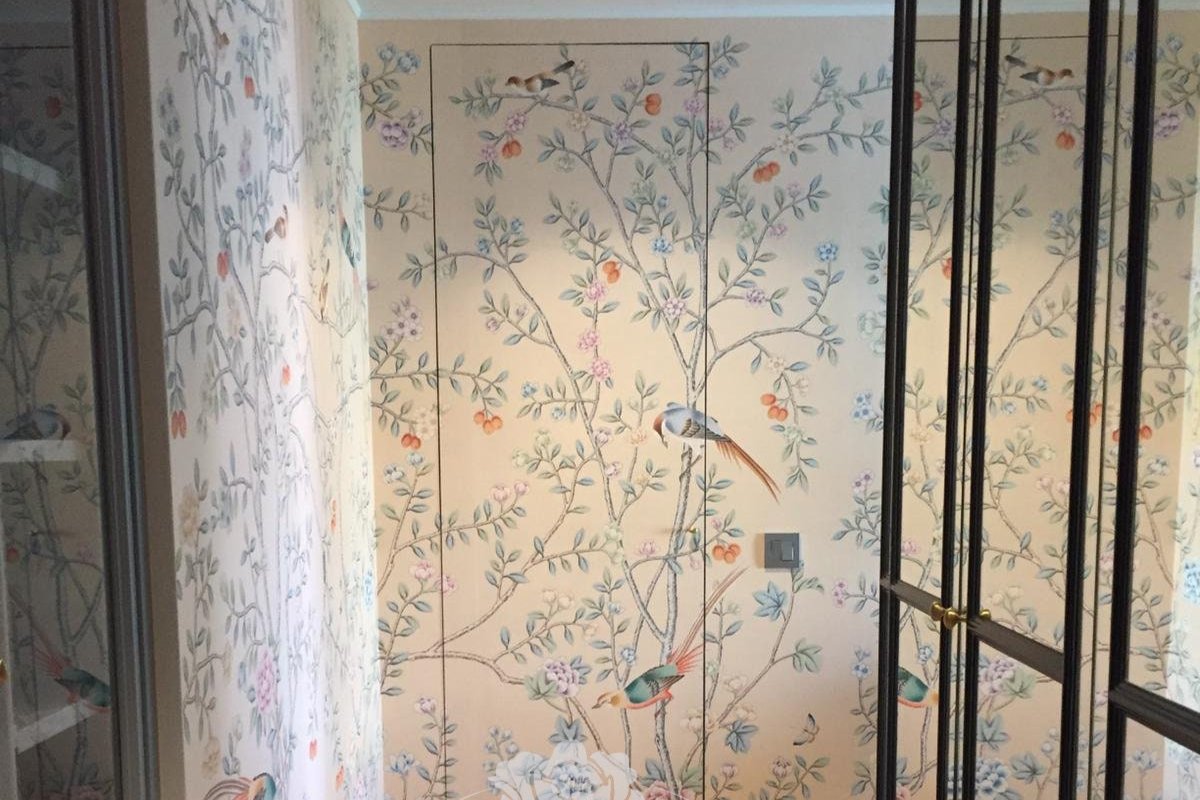 Custom-made Chinoiserie hand-painted wallpaper with intricate floral and bird motifs, tailored to fit any wall size and color scheme.