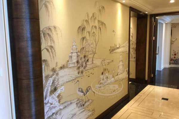 Custom-made Chinoiserie hand-painted wallpaper with intricate floral and bird motifs, tailored to fit any wall size and color scheme.