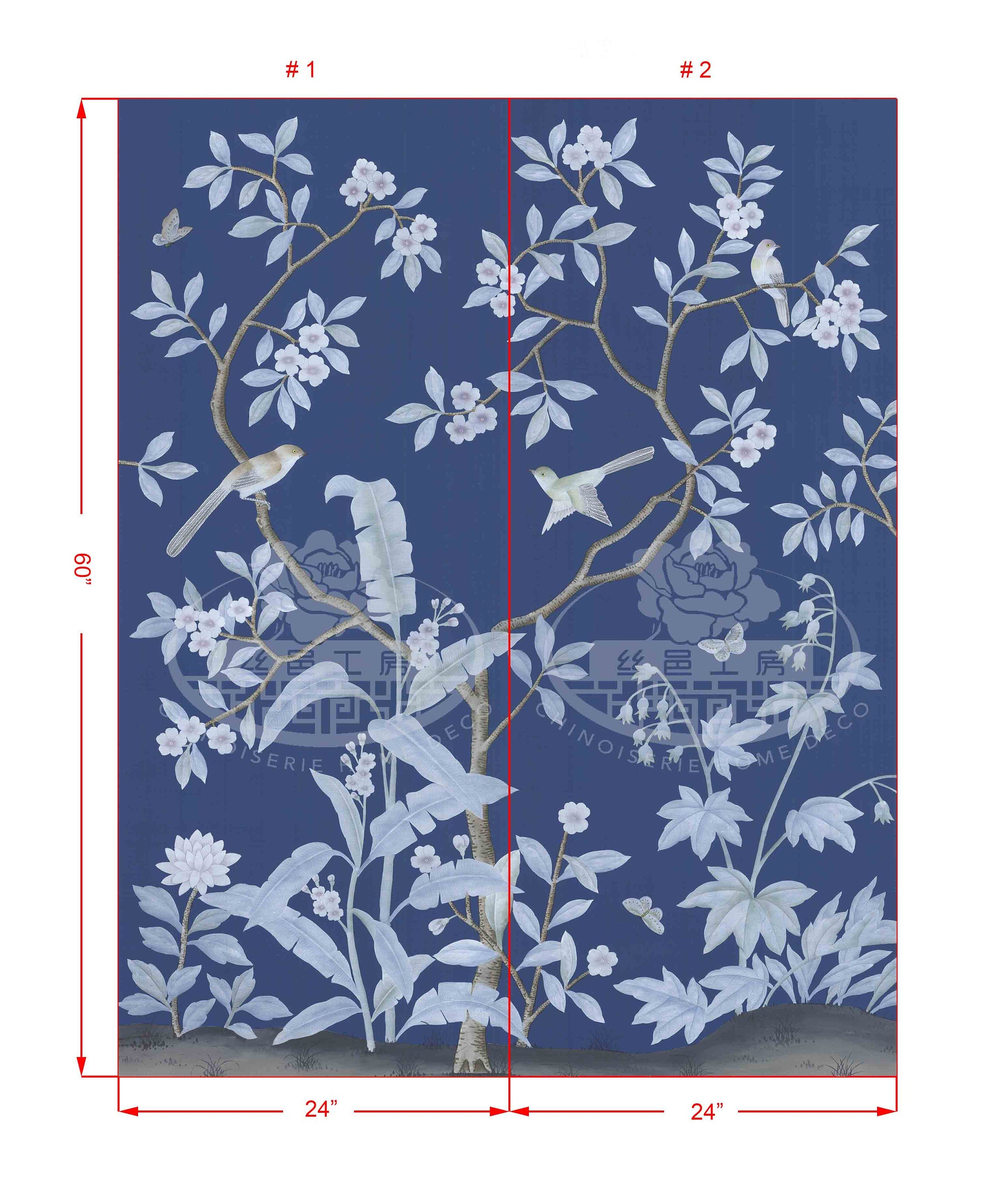 24" x 60" Chinoiserie Handpainted Artwork on Blue Slub Silk DP-50 Without Frame