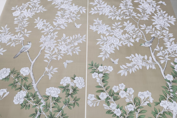 Custom-made Chinoiserie hand-painted wallpaper with intricate floral and bird motifs, tailored to fit any wall size and color scheme.