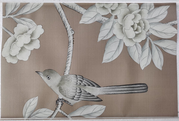 Custom-made Chinoiserie hand-painted wallpaper with intricate floral and bird motifs, tailored to fit any wall size and color scheme.