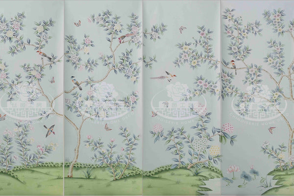 Custom-made Chinoiserie hand-painted wallpaper with intricate floral and bird motifs, tailored to fit any wall size and color scheme.