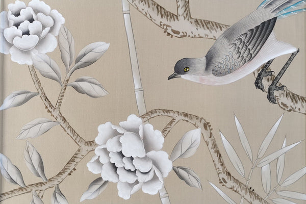 Custom-made Chinoiserie hand-painted wallpaper with intricate floral and bird motifs, tailored to fit any wall size and color scheme.