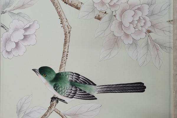 Custom-made Chinoiserie hand-painted wallpaper with intricate floral and bird motifs, tailored to fit any wall size and color scheme.