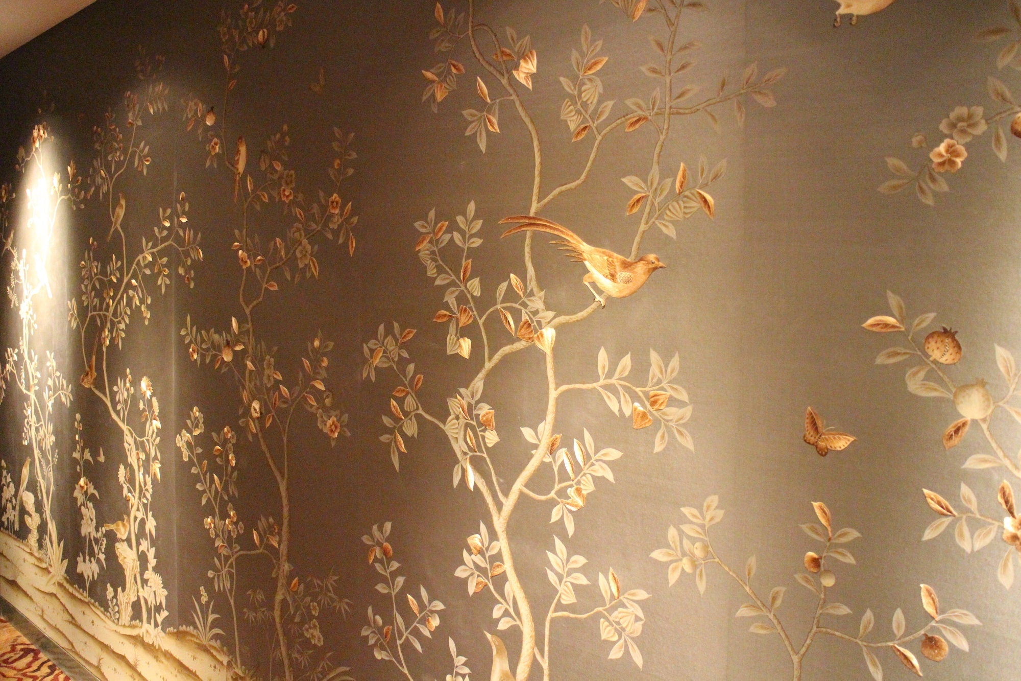 G-006 SAMPLE in STOCK for Chinoiserie Handpainted Wallpaper and Artwork on Green Silk SP-10