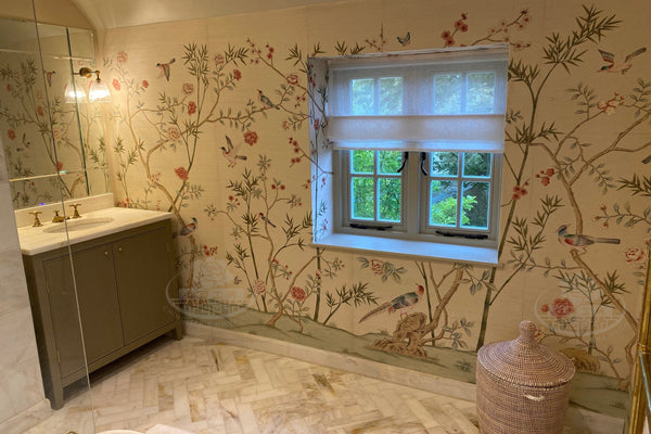 Custom-made Chinoiserie hand-painted wallpaper with intricate floral and bird motifs, tailored to fit any wall size and color scheme.