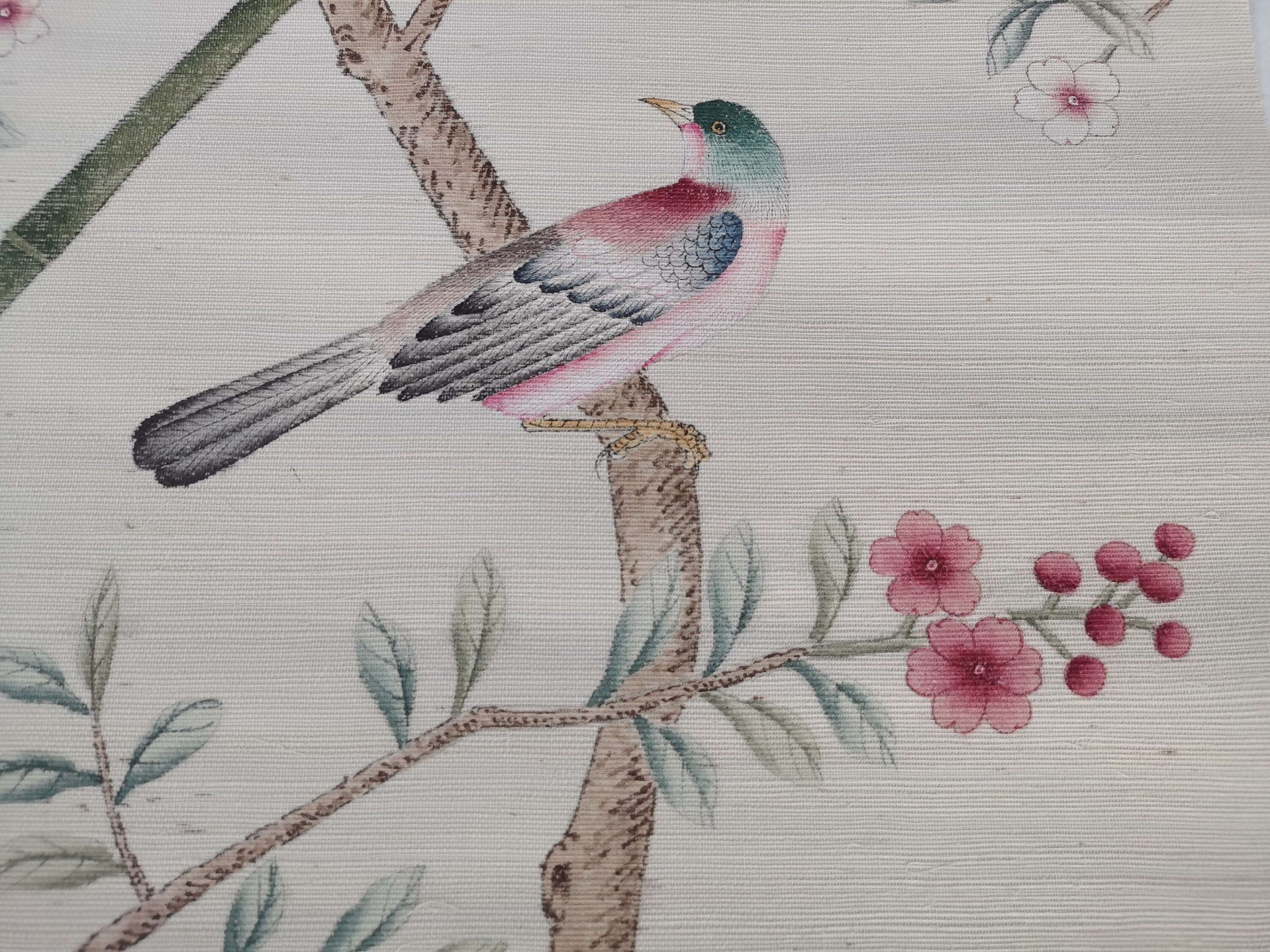 G-003 Birds Awakening Garden on Beige Grasscloth Wallpaper