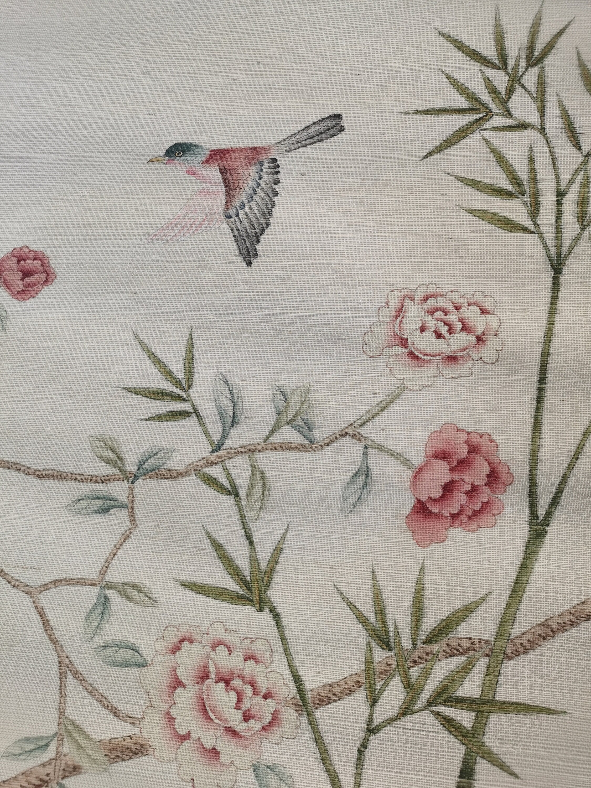 G-003 Birds Awakening Garden on Beige Grasscloth Wallpaper