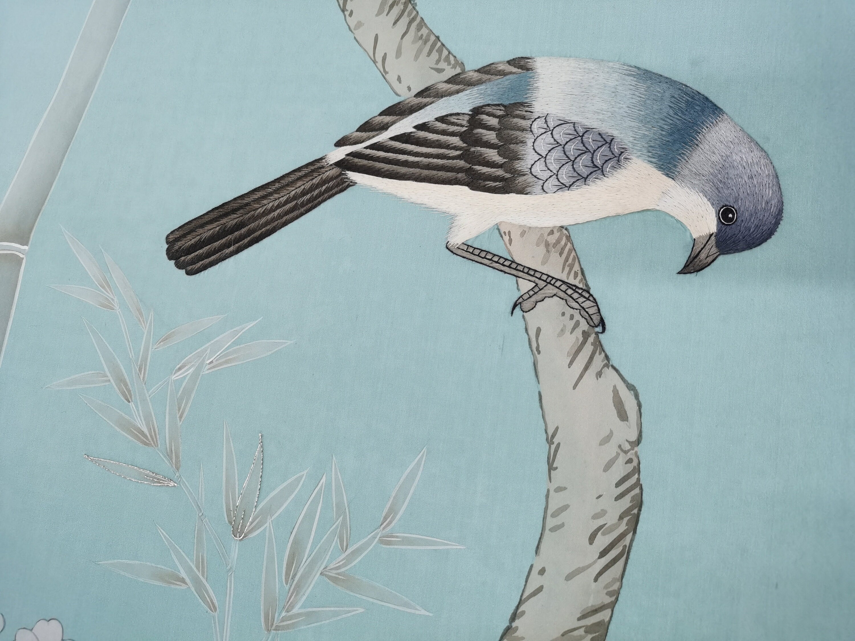 Chinoiserie Handpainted Wallpaper with Partial Hand Embroidery on Duckegg Blue Silk Sp-35