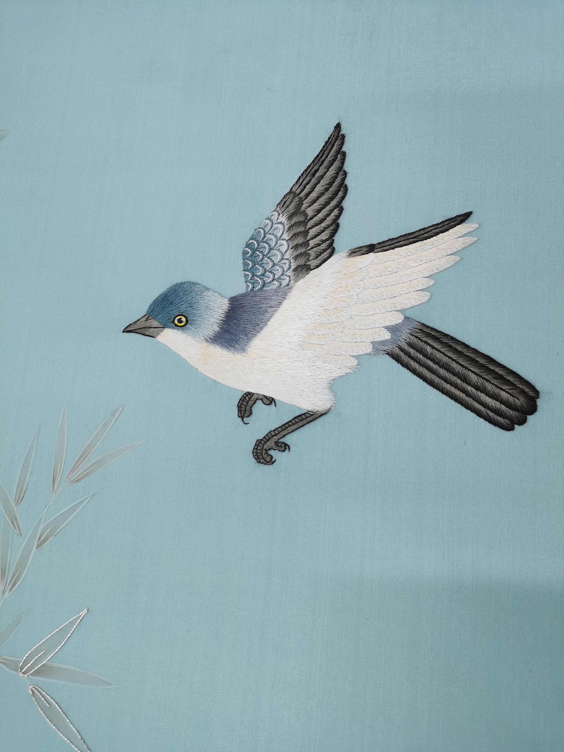 Chinoiserie Handpainted Wallpaper with Partial Hand Embroidery on Duckegg Blue Silk Sp-35