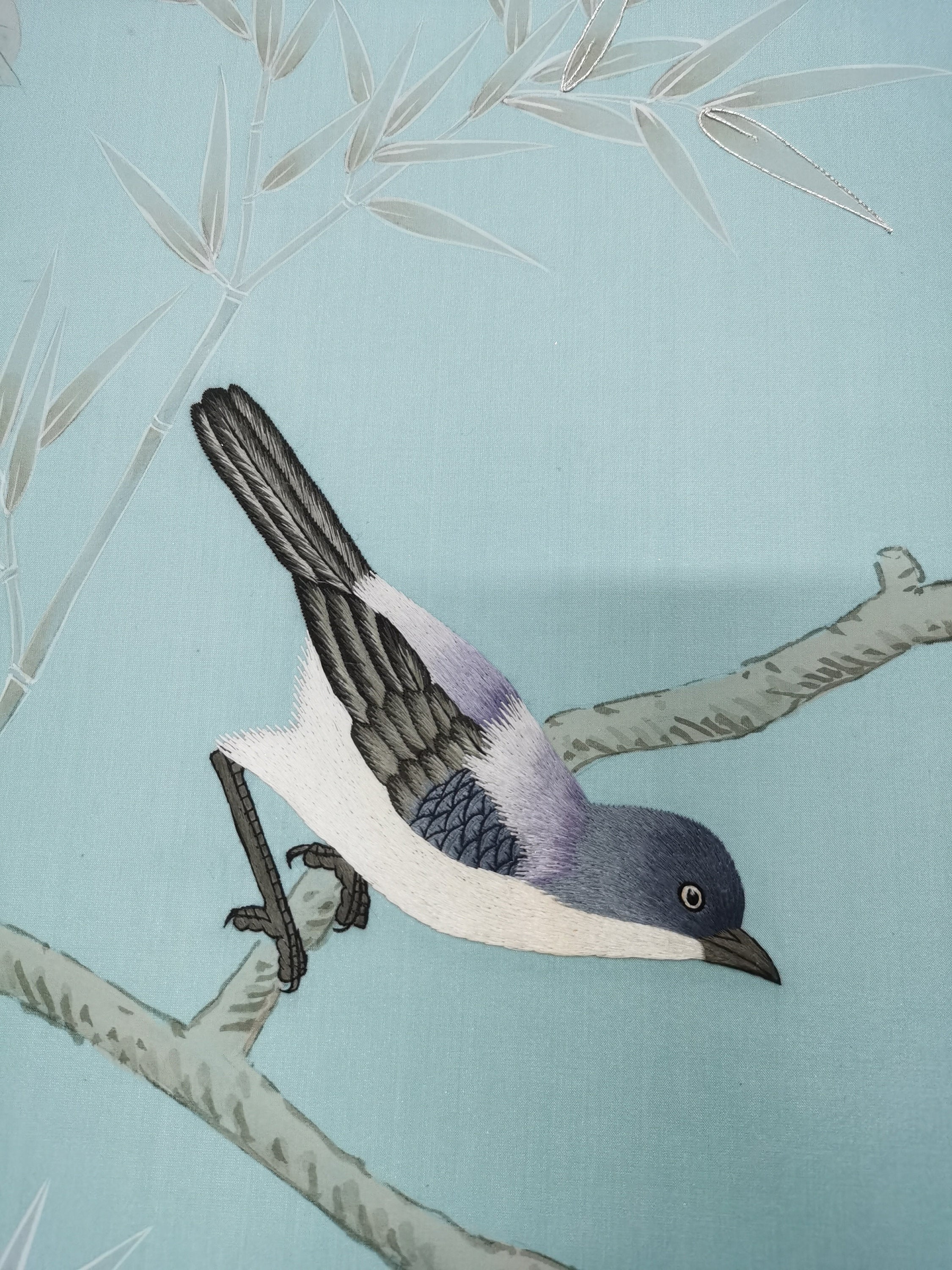 Chinoiserie Handpainted Wallpaper with Partial Hand Embroidery on Duckegg Blue Silk Sp-35