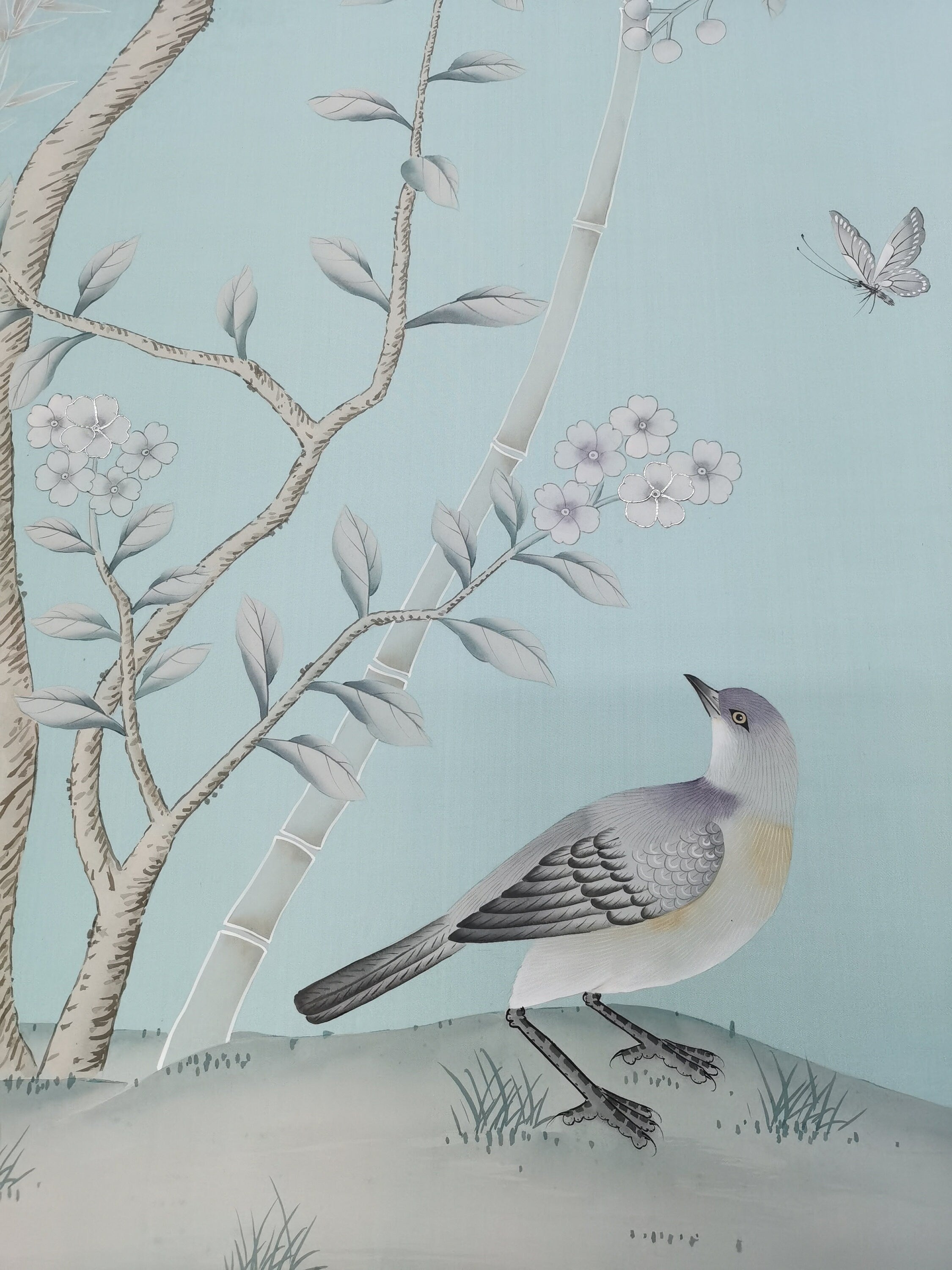 Chinoiserie Handpainted Wallpaper with Partial Hand Embroidery on Duckegg Blue Silk Sp-35