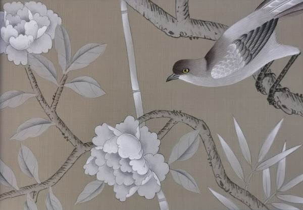 Custom-made Chinoiserie hand-painted wallpaper with intricate floral and bird motifs, tailored to fit any wall size and color scheme.