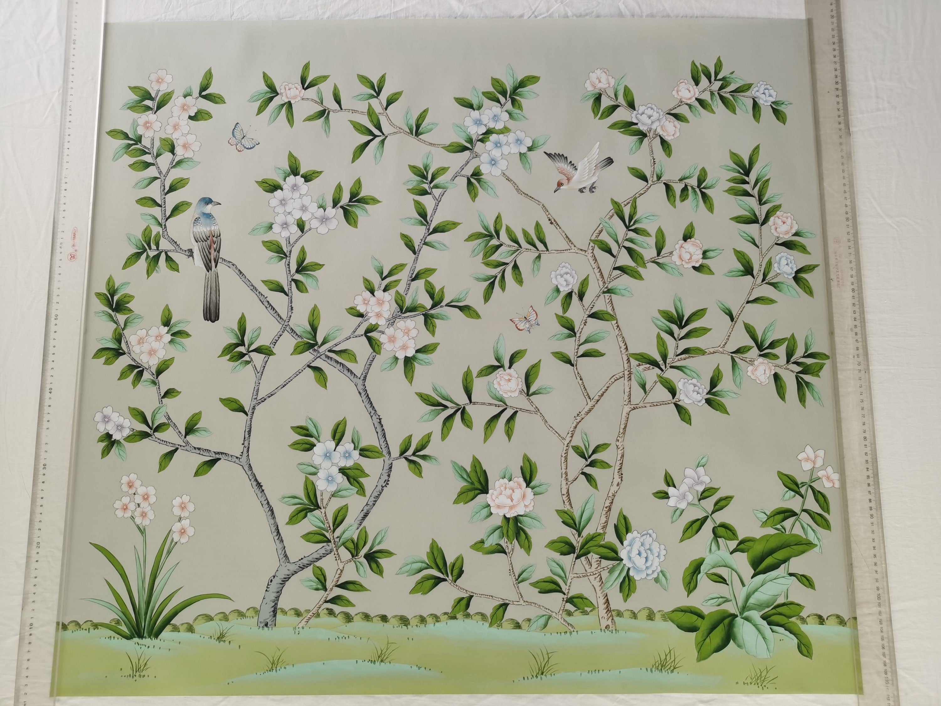 Sample in Stock for Chinoiserie Handpainted Artwork on Gray Spun Silk SP-15 Without Frame