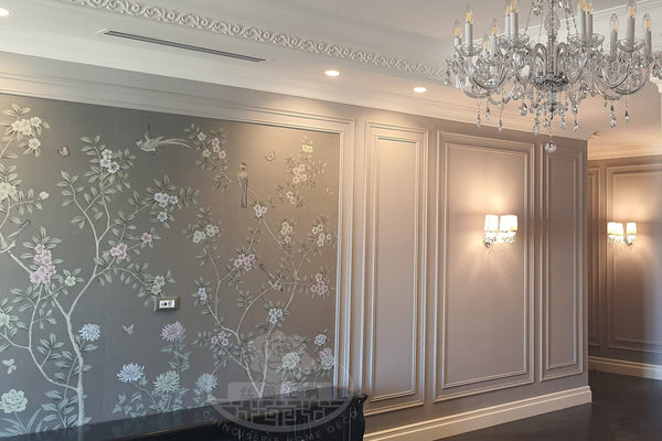 Custom-made Chinoiserie hand-painted wallpaper with intricate floral and bird motifs, tailored to fit any wall size and color scheme.