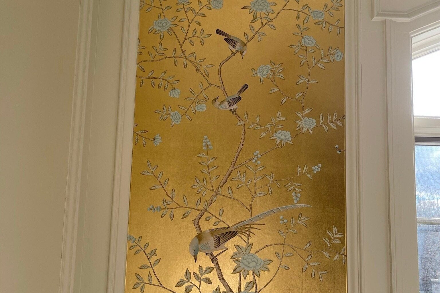 Custom-made Chinoiserie hand-painted wallpaper with intricate floral and bird motifs, tailored to fit any wall size and color scheme.