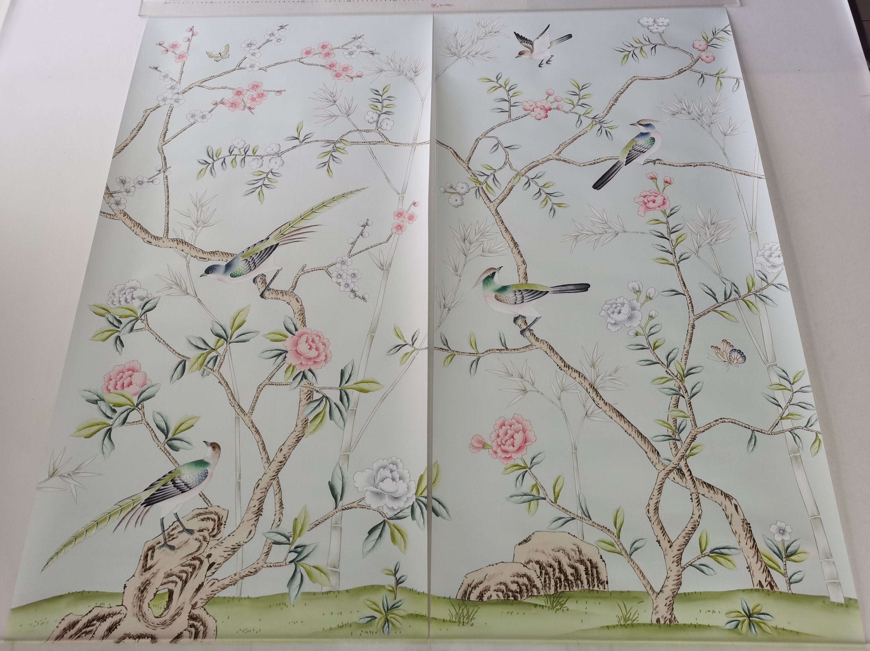 24" x 48" Chinoiserie Handpainted Artwork on Pale Blue Spun Silk SP-30 without Frame