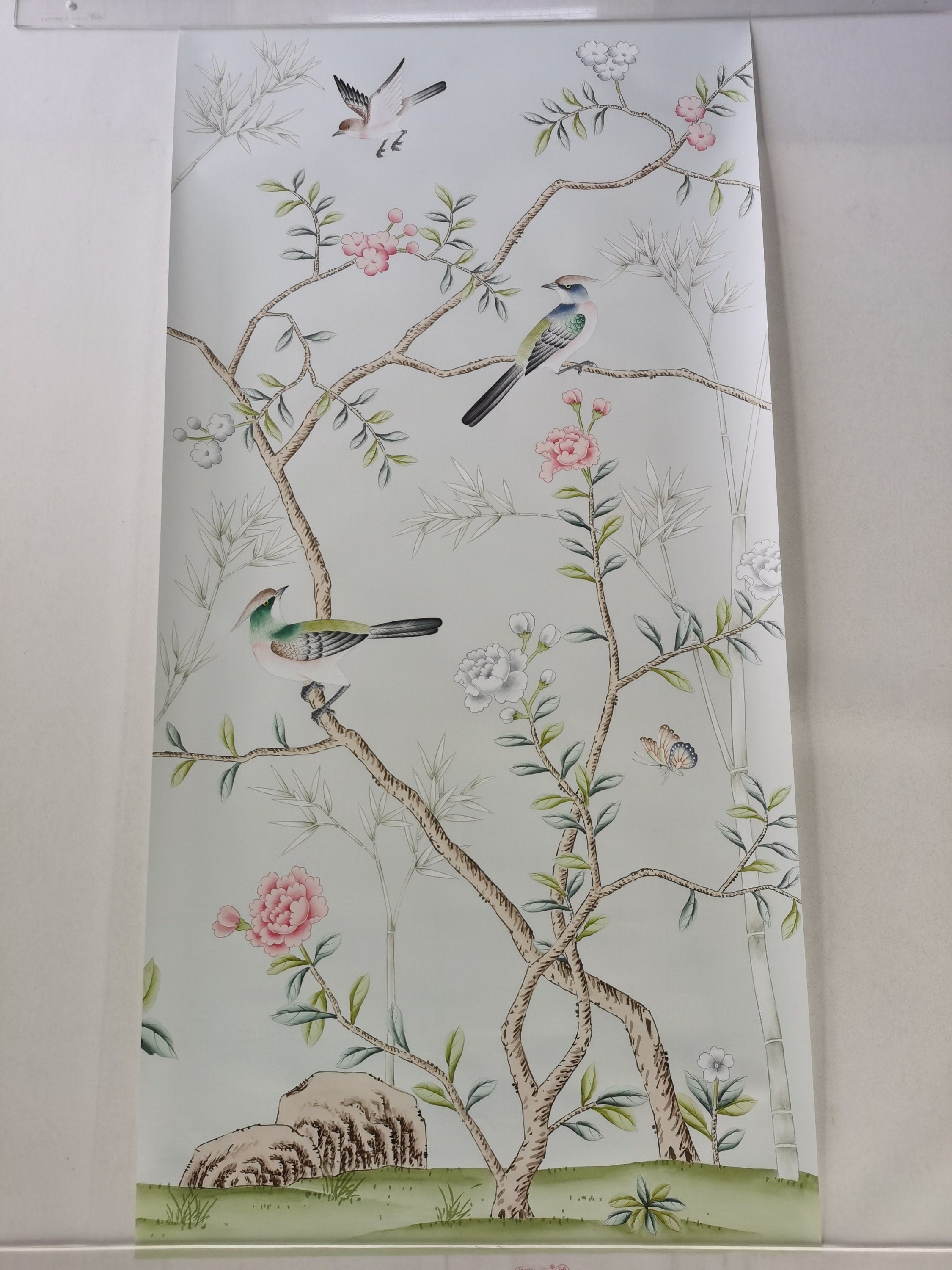 24" x 48" Chinoiserie Handpainted Artwork on Pale Blue Spun Silk SP-30 without Frame