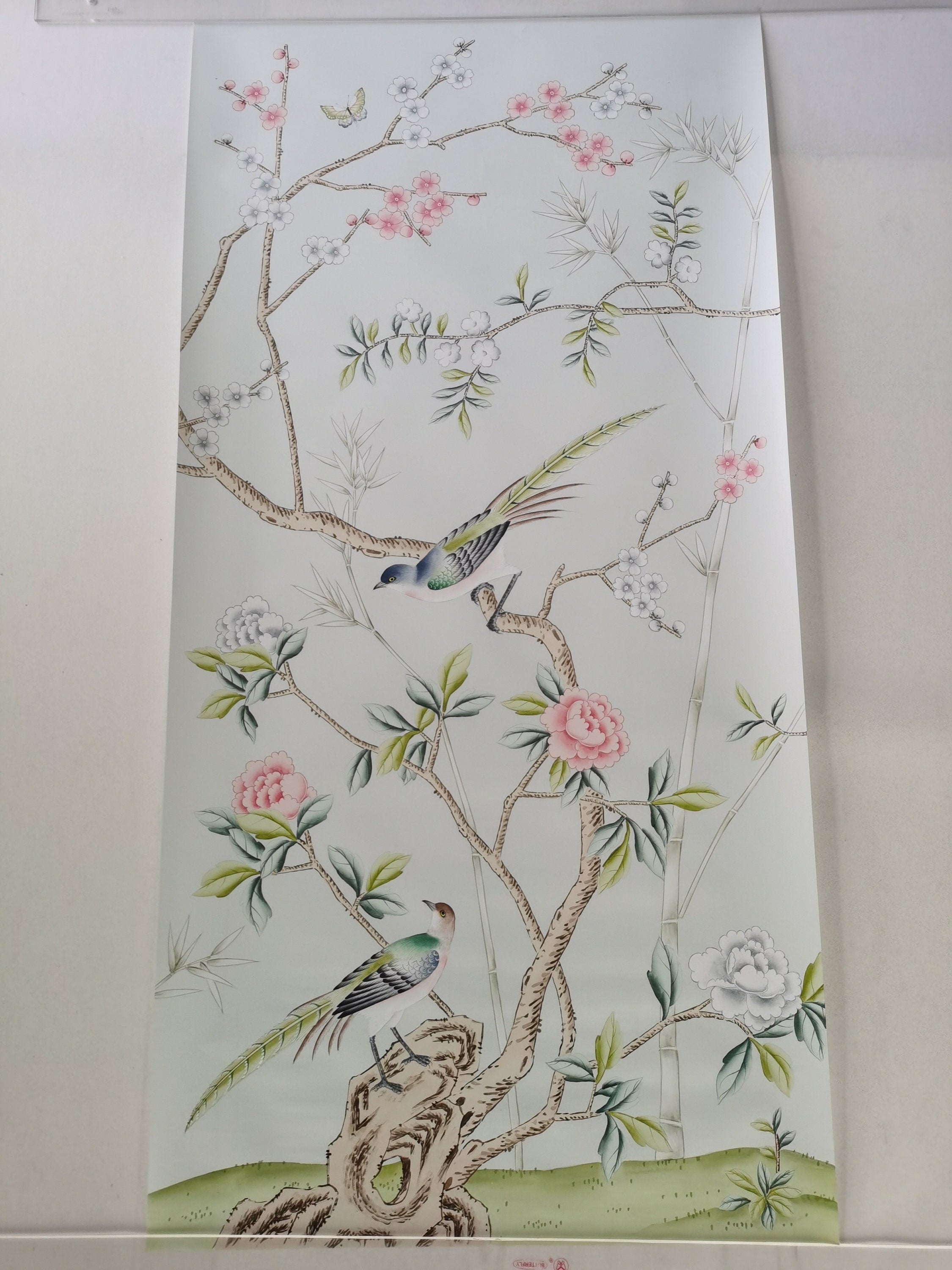 24" x 48" Chinoiserie Handpainted Artwork on Pale Blue Spun Silk SP-30 without Frame