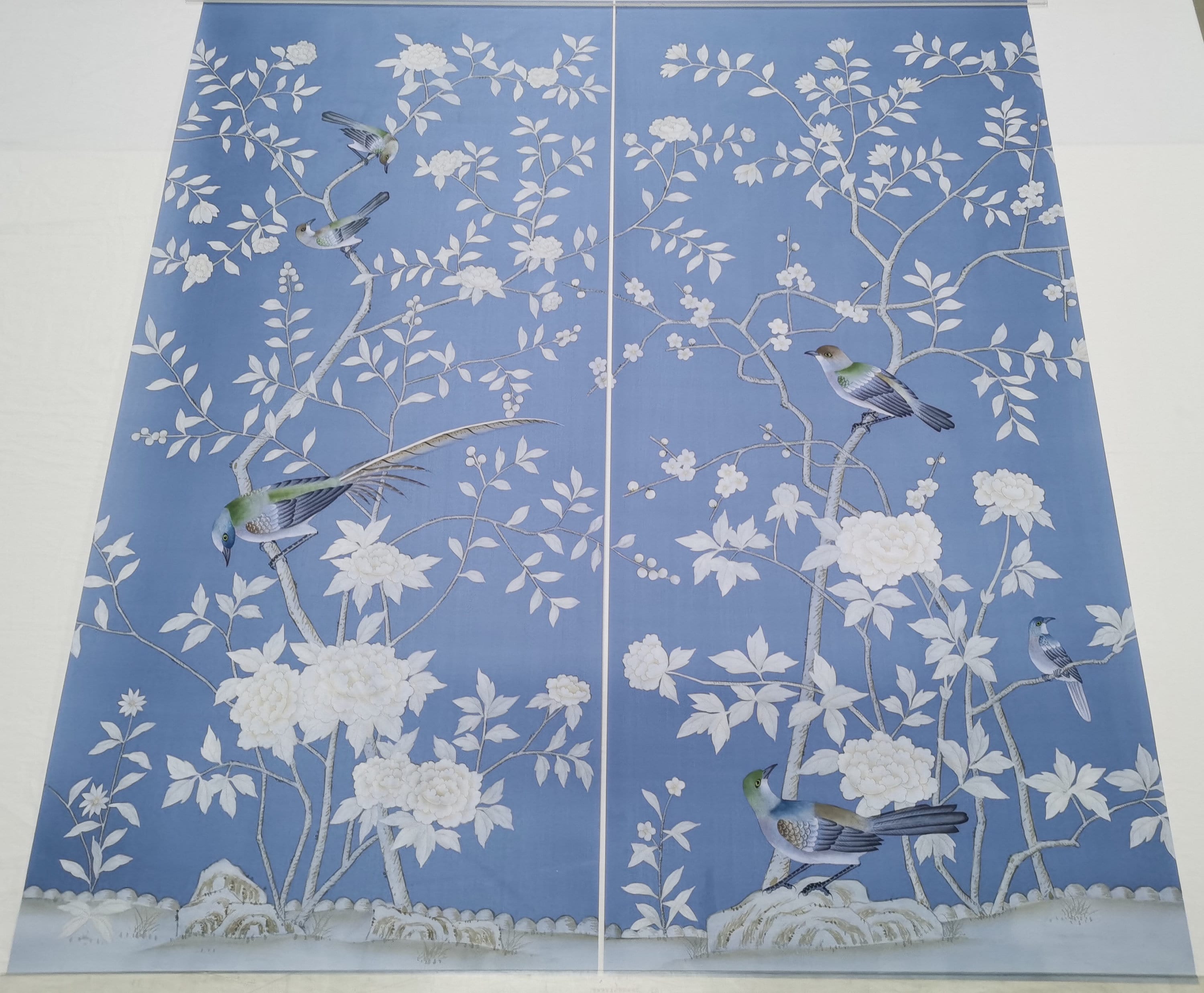 24" x 52" Chinoiserie Handpainted Artwork on Sky Blue Spun Silk SP-22 without Frame