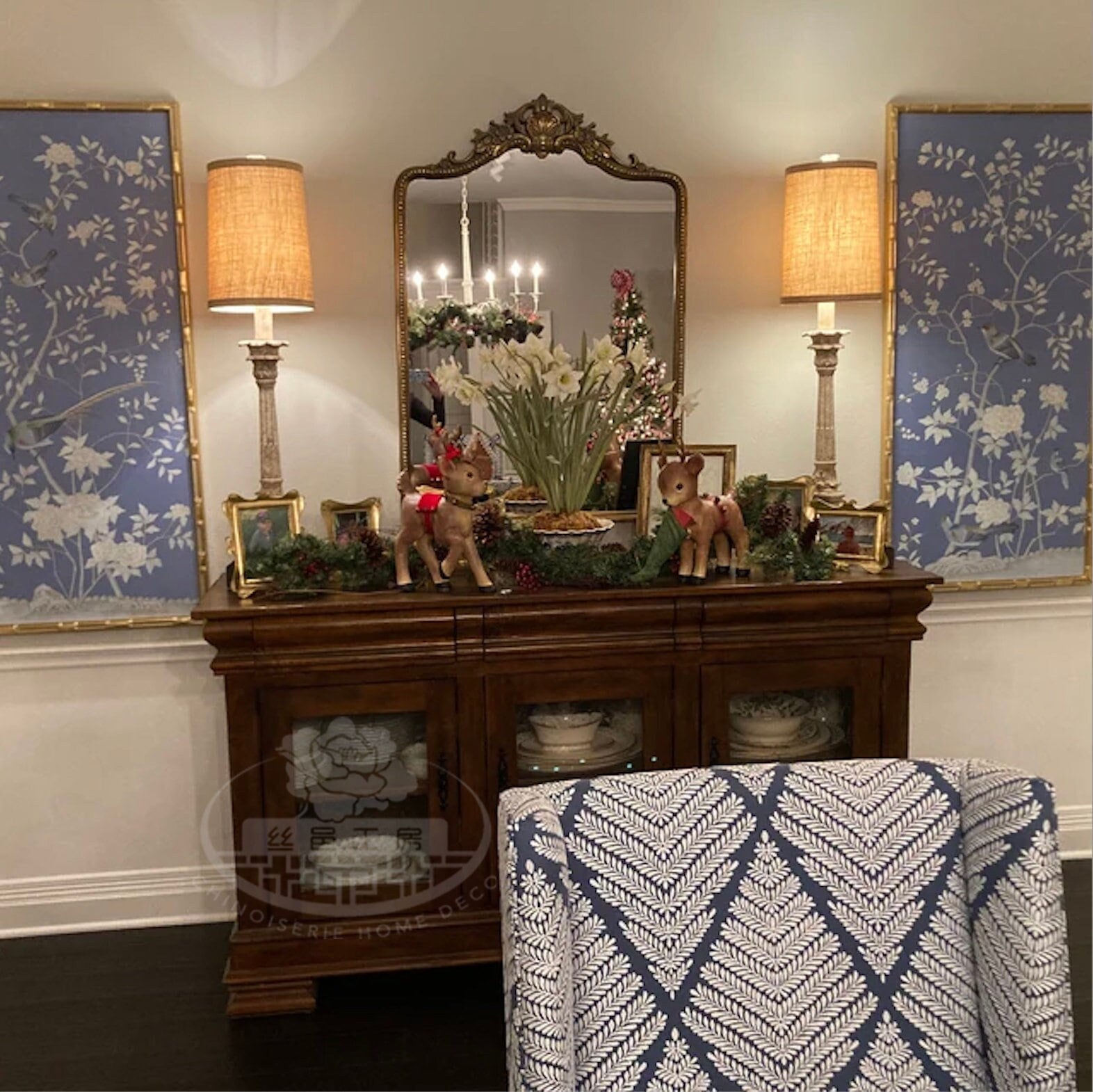 24" x 52" Chinoiserie Handpainted Artwork on Sky Blue Spun Silk SP-22 without Frame