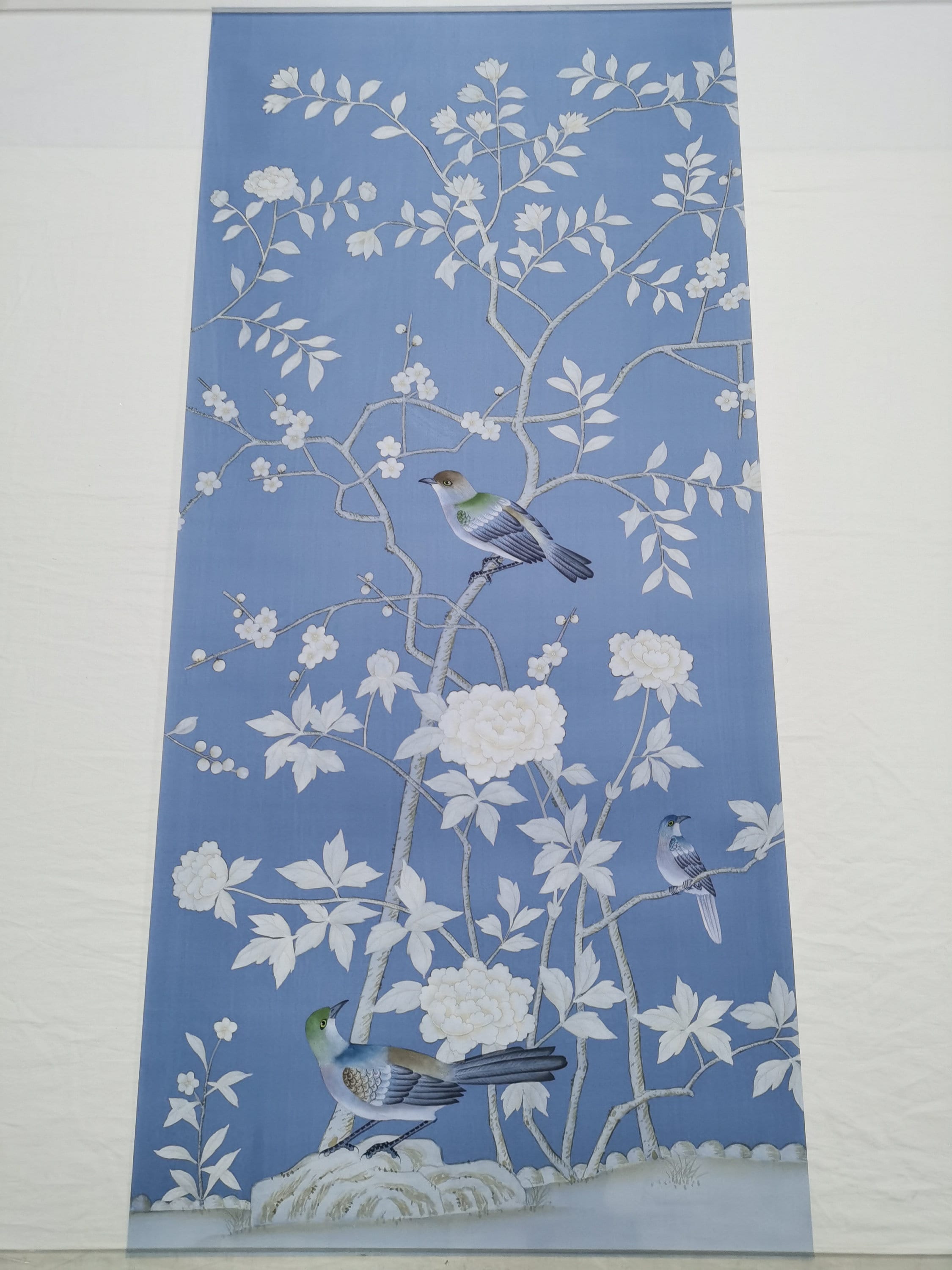 24" x 52" Chinoiserie Handpainted Artwork on Sky Blue Spun Silk SP-22 without Frame