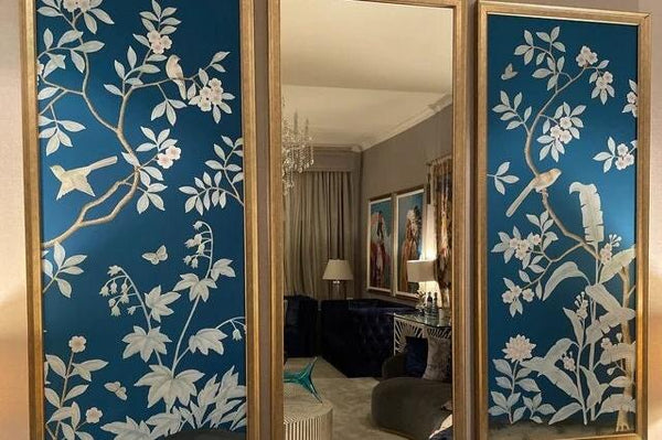 Custom-made Chinoiserie hand-painted wallpaper with intricate floral and bird motifs, tailored to fit any wall size and color scheme.