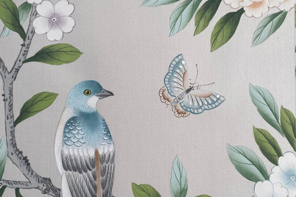 Custom-made Chinoiserie hand-painted wallpaper with intricate floral and bird motifs, tailored to fit any wall size and color scheme.