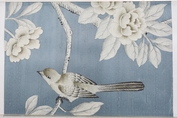 Custom-made Chinoiserie hand-painted wallpaper with intricate floral and bird motifs, tailored to fit any wall size and color scheme.