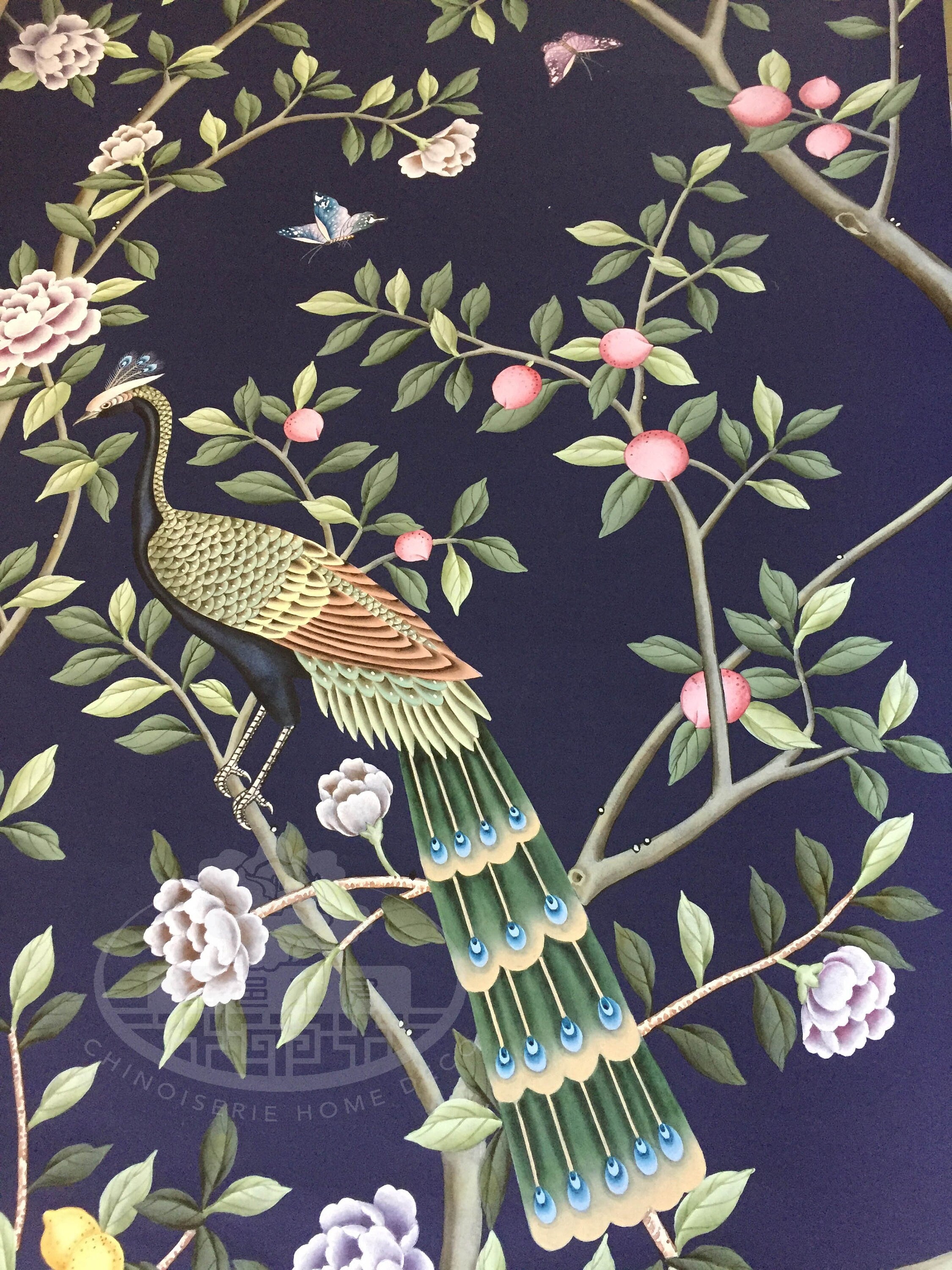 27" x 92" Chinoiserie Handpainted Peacock on Deep Blue Paper