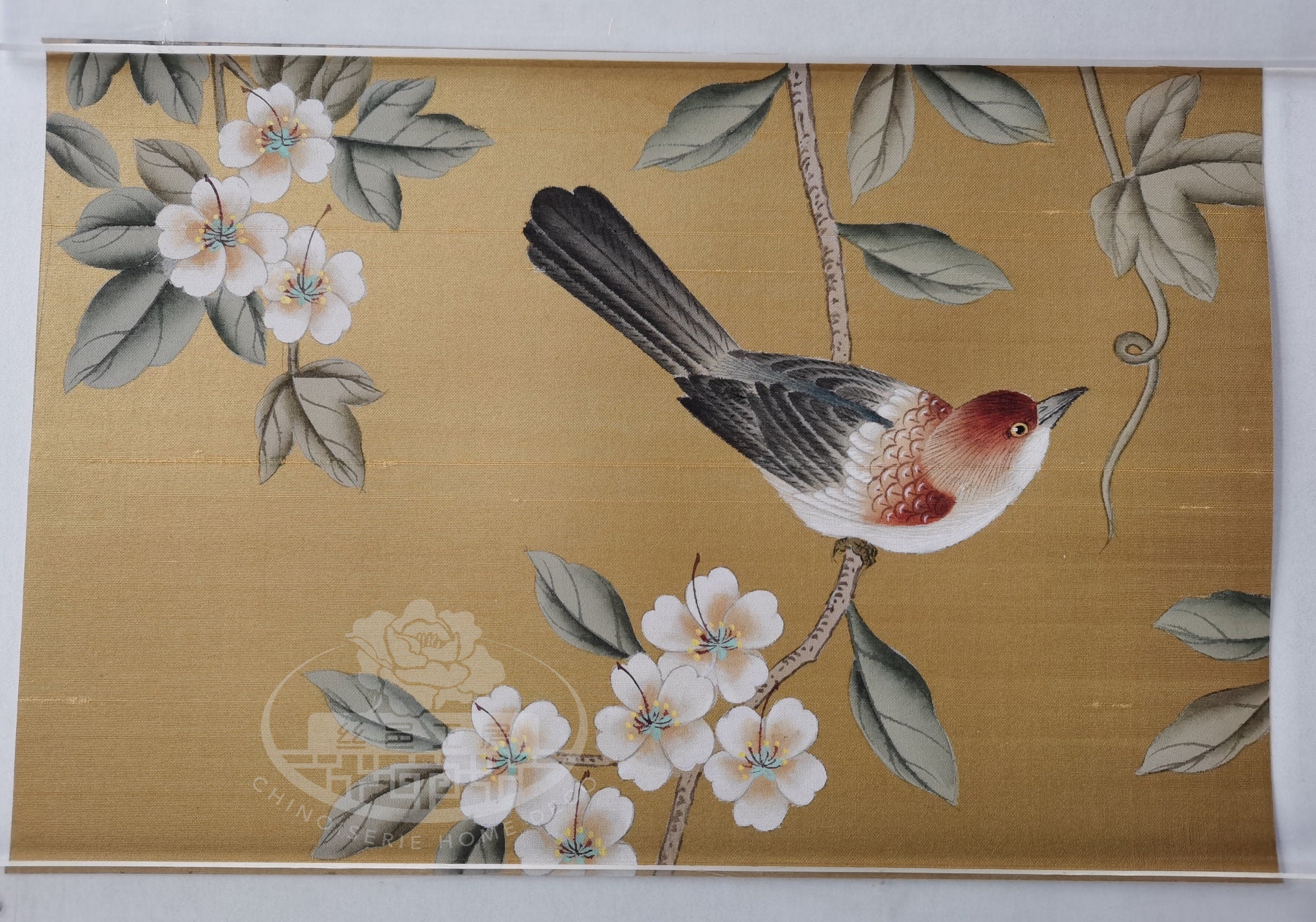 SAMPLE in STOCK for G-016 Birds and Vines on Gold Slub Silk CS-1