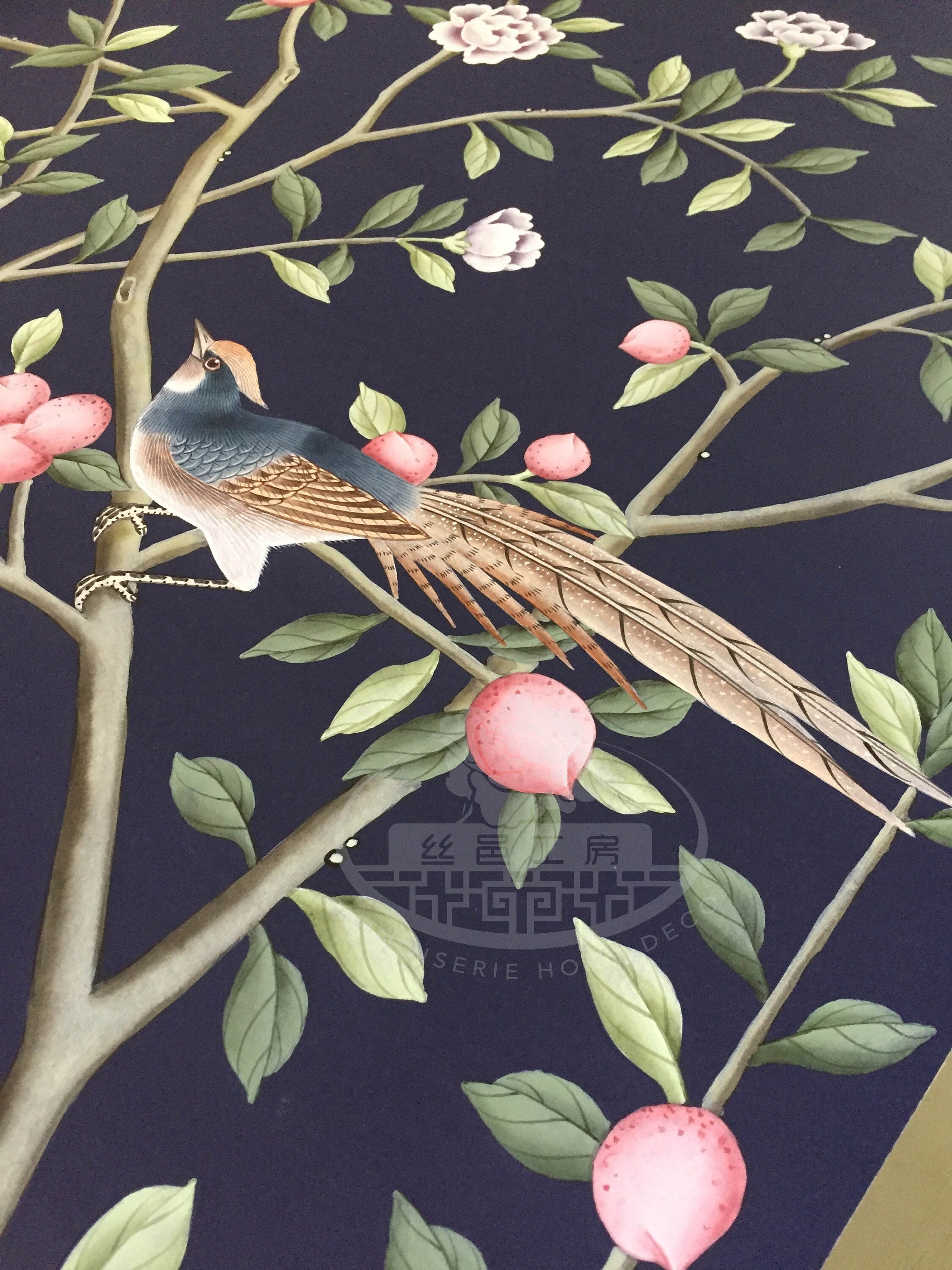 27" x 92" Chinoiserie Handpainted Peacock on Deep Blue Paper