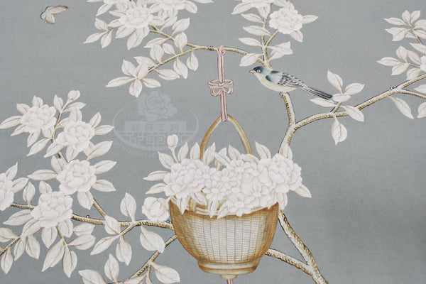 Custom-made Chinoiserie hand-painted wallpaper with intricate floral and bird motifs, tailored to fit any wall size and color scheme.