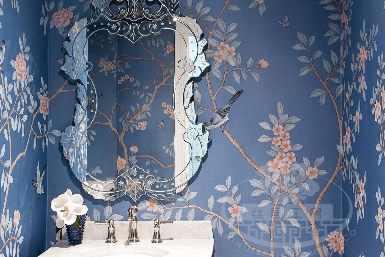 Custom-made Chinoiserie hand-painted wallpaper with intricate floral and bird motifs, tailored to fit any wall size and color scheme.