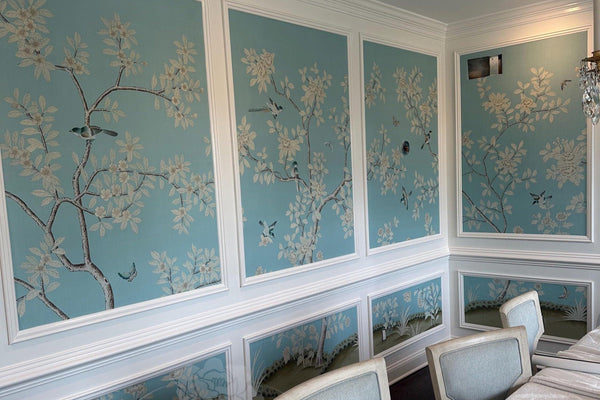 Custom-made Chinoiserie hand-painted wallpaper with intricate floral and bird motifs, tailored to fit any wall size and color scheme.