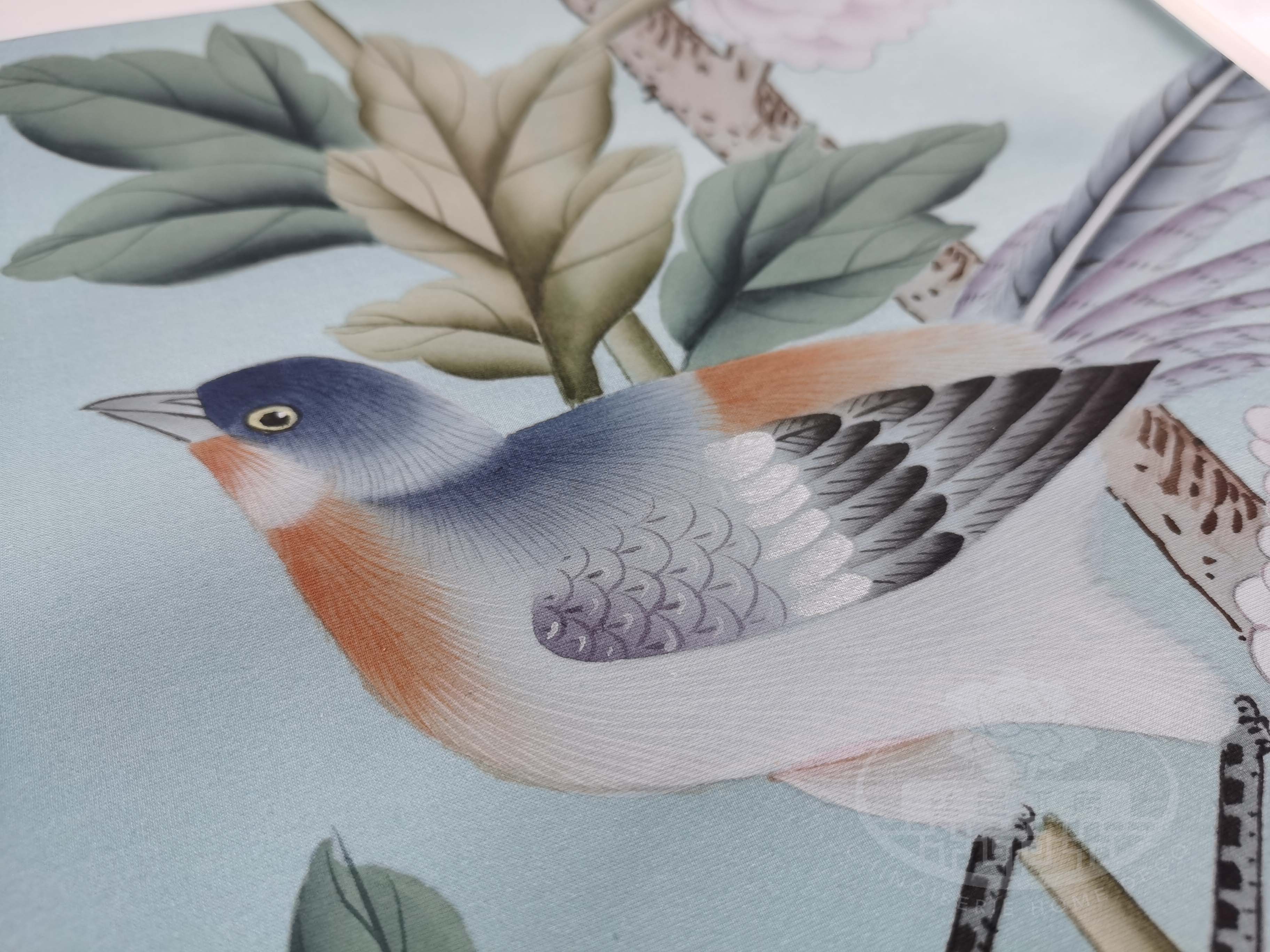 G-005 Sample IN STOCK for Chinoiserie Handpainted Wallpaper 12" x 8" on Duckegg Blue Silk SP-35