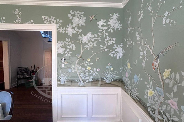 Custom-made Chinoiserie hand-painted artwork with intricate floral and bird motifs, tailored to fit any wall size and color scheme.