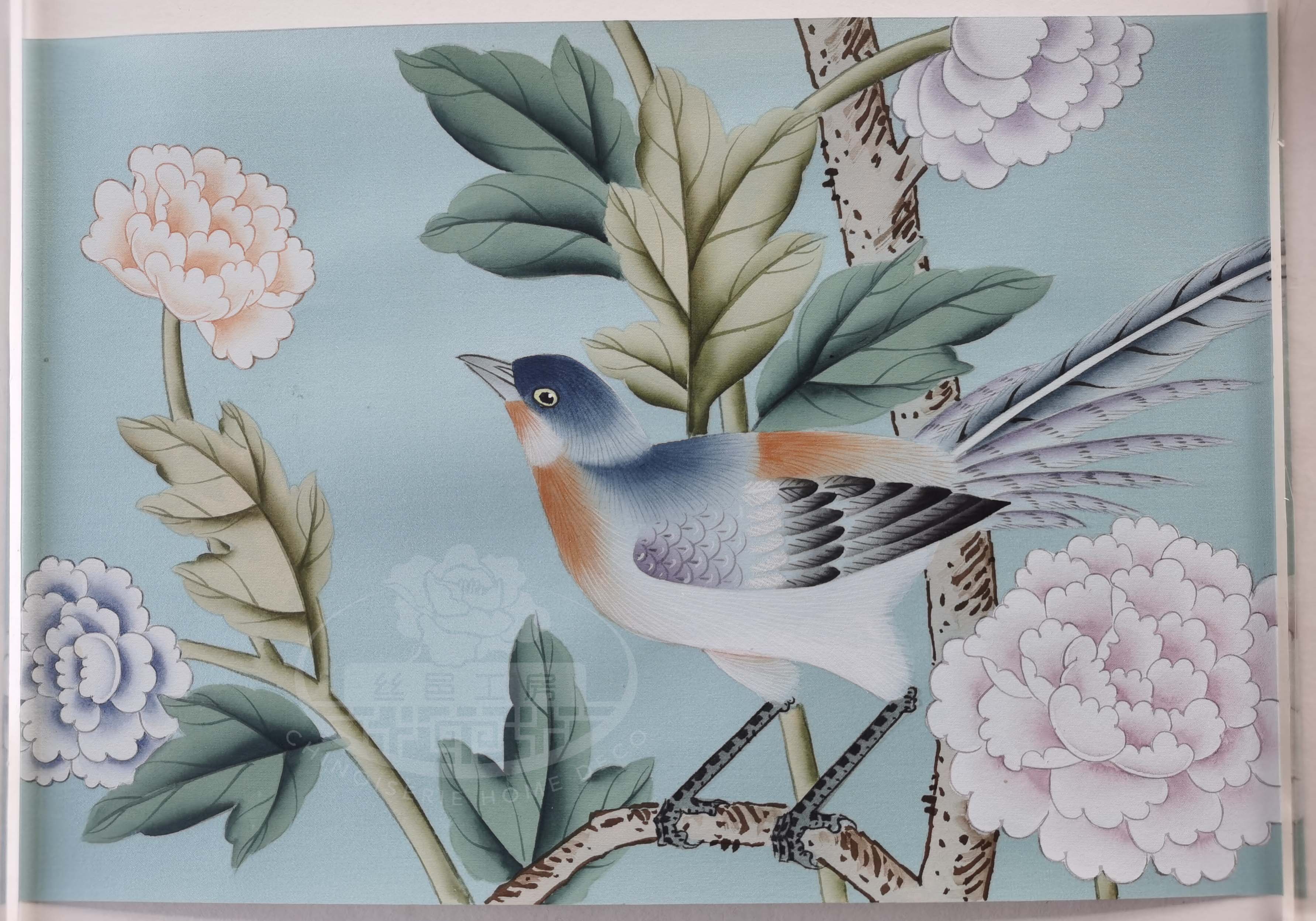 G-005 Sample IN STOCK for Chinoiserie Handpainted Wallpaper 12" x 8" on Duckegg Blue Silk SP-35