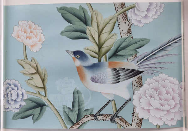 G-005 Sample IN STOCK for Chinoiserie Handpainted Wallpaper 12" x 8" on Duckegg Blue Silk SP-35