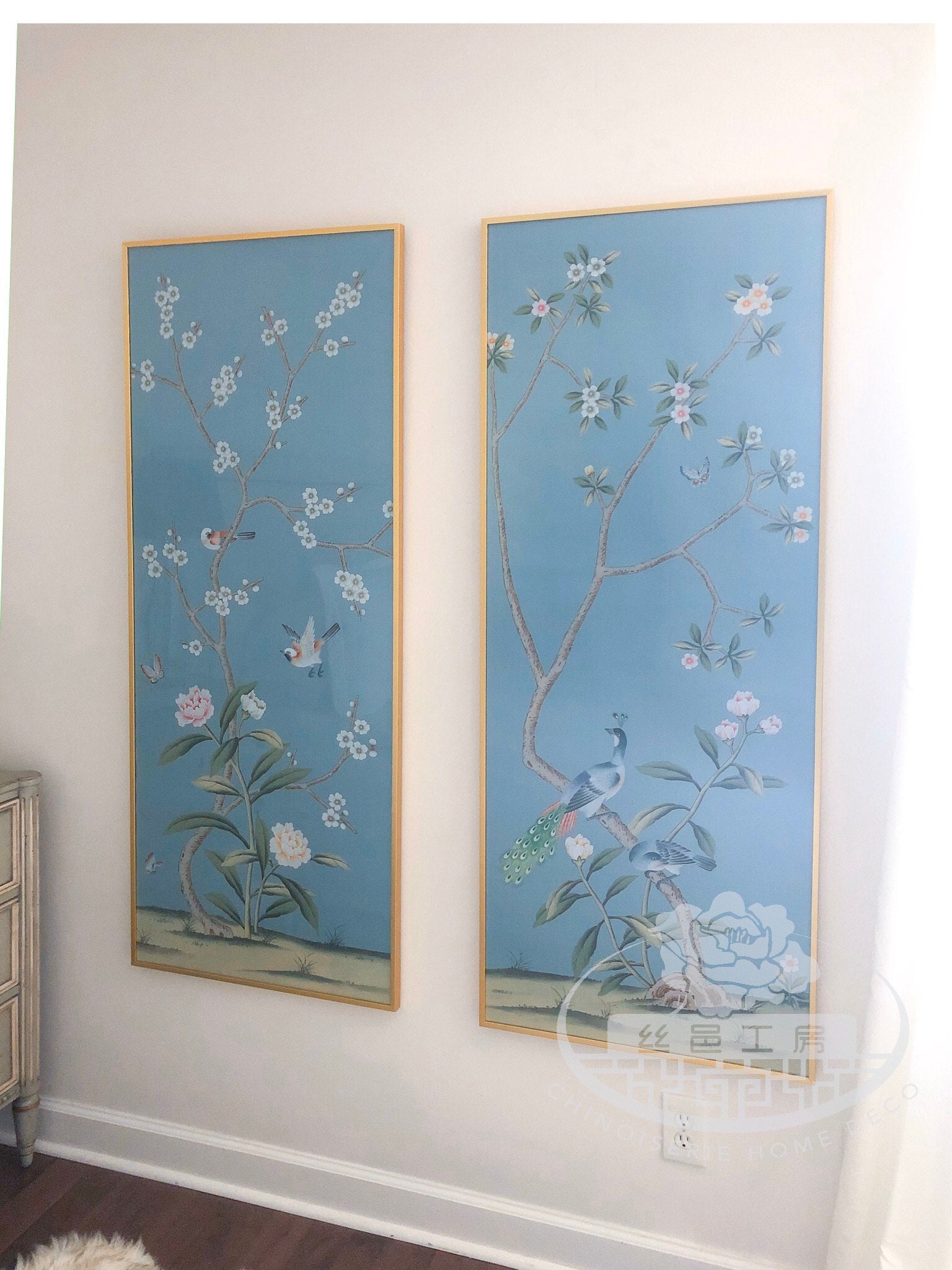 24" x 72" Chinoiserie Handpainted Artwork on Blue Silk