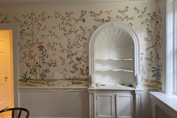 Custom-made Chinoiserie hand-painted wallpaper with intricate floral and bird motifs, tailored to fit any wall size and color scheme.