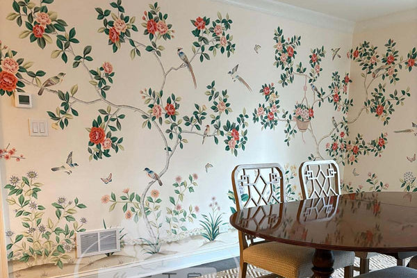 Custom-made Chinoiserie hand-painted wallpaper with intricate floral and bird motifs, tailored to fit any wall size and color scheme.