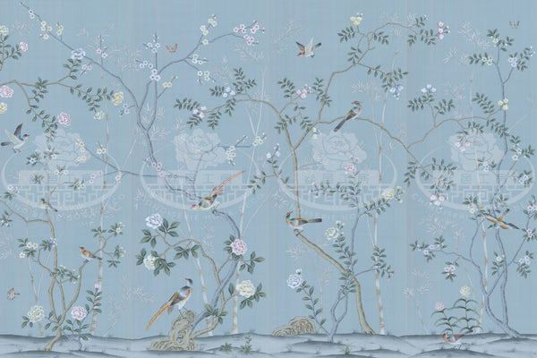 Custom-made Chinoiserie hand-painted wallpaper with intricate floral and bird motifs, tailored to fit any wall size and color scheme.