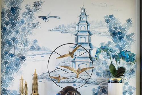 Custom-made Chinoiserie hand-painted wallpaper with intricate floral and bird motifs, tailored to fit any wall size and color scheme.